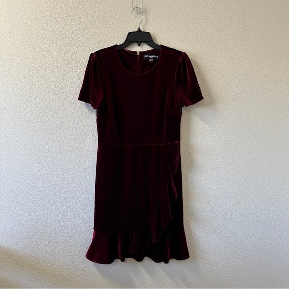 Karl Lagerfeld Velour Velvet Ruffle Hem Red Sheath Dress Sz 8 - Picture 14 of 14